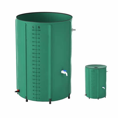 Aufun Tonneau de Pluie Pliable, 380L Tonneau de Pluie Réservoir d'eau, avec vanne de vidange et échelle de Volume, Rangement Facile, Inoxydable et résistant aux intempéries (Vert)