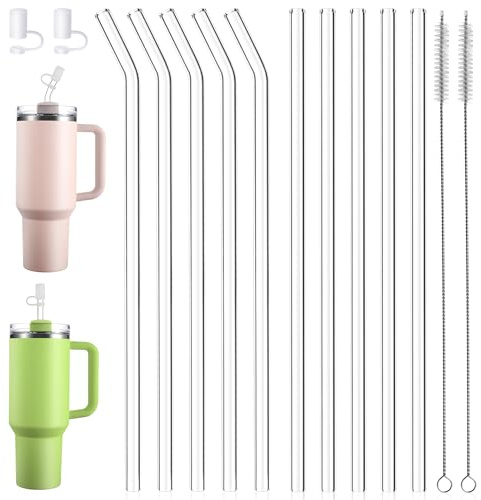 Bistfy 14 Pezzi Cannucce di Vetro Riutilizzabili 31cm per Stanley Cup 40oz e 30oz, Set di 5 Dritte e 5 Piegate + 2 Spazzole per la Pulizia + 2 Copri Cannucce in Silicone, Perfetto per Stanley Quencher