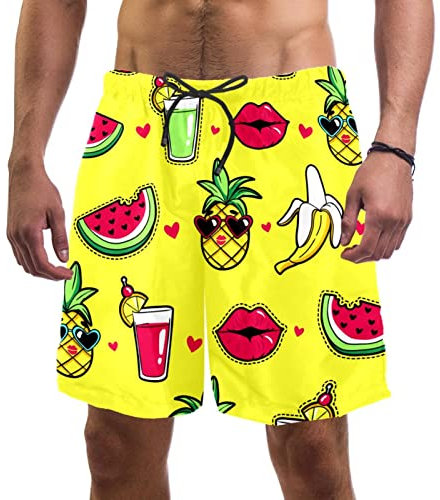 Herren Badehose Tropischer Ananas Lippen Cocktail Wassermelone Banane Badeshorts Freizeit Strandshorts Bequeme Männer Badehose, Für Sport, Heim, Urlaub, S