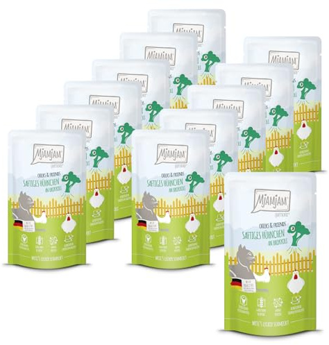 MjAMjAM - Premium Nourriture Humide pour Chats - Quetschie - Chicks & Friends Poulet juteux au Brocoli, Paquet de 12 (12 x 125g), sans céréales