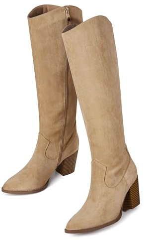 MeiLuSi Womens Knee High Fall Boots for Women 2025,Slouchy Chunky Heel Tall Suede Boots Side Zipper Size 8.5 Aprocot