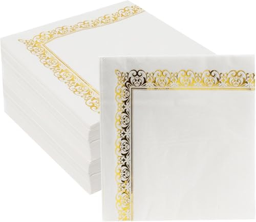 Paquet de 100 Serviettes d'anniversaire en papier - 16,5 x16,5 cm, blanc et or - jetables serviettes en papier pour mariage, anniversaire, décoration de table, Birthday Gold Celebration