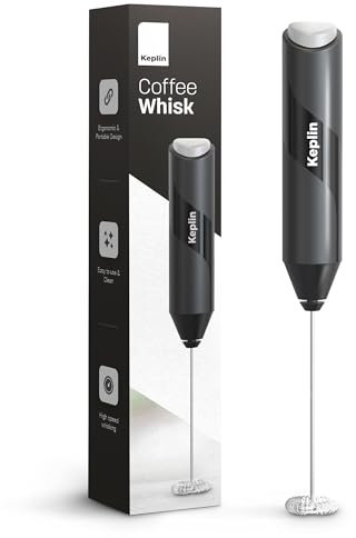 Keplin Handheld Milk Frother - Stainless Steel Electric Whisk - Portable Battery-Operated Coffee Frother for Lattes, Matcha, Protein Shakes - Ergonomic, Compact, Easy to Clean (Black)