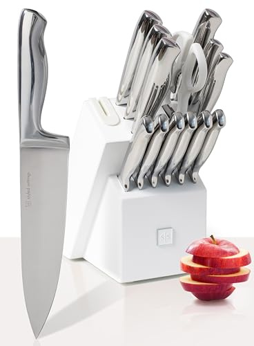 Ensemble de couteaux en acier inoxydable avec aiguiseur intégré – 14 pièces ultra tranchantes en acier haute qualité avec bloc blanc et aiguiseur intégré