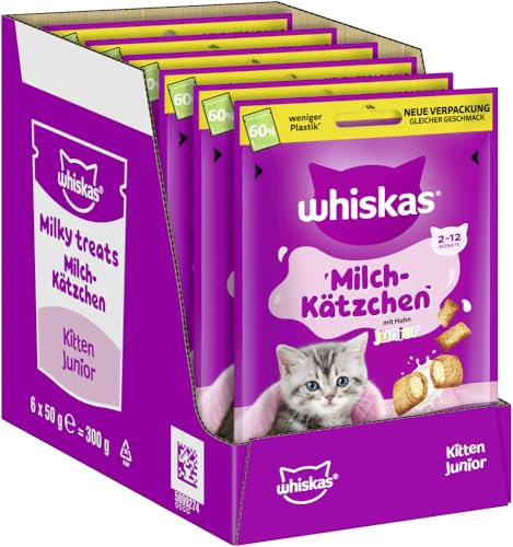 WHISKAS Milch-Kätzchen Katzensnacks 2-12 Monate 6 x 50g – Spezielle Snacks für Kätzchen mit Milchgeschmack