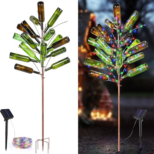 Meonum Solar Light Bottle Tree, 61 Metal Garden Sculpture for Yard & Patio Decor, Colorful Outdoor Wine Holder for Garden & Lawn Decoration, Holds 24 Glass Containers(Bronze)