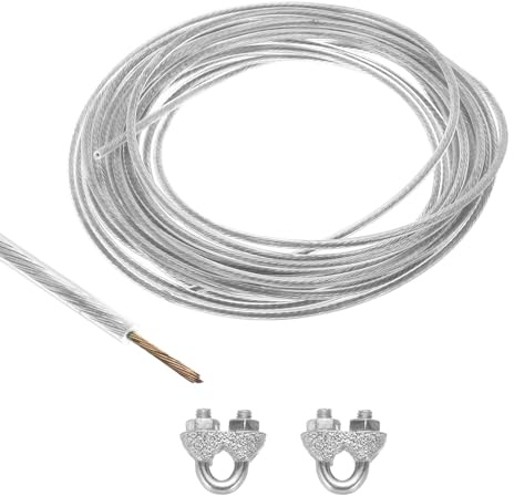 TOP-VIGOR 2.5mm Vinyl Coated Wire Rope, 6m / 20ft Galvanized Steel Cable Wire Rope Cable Grip with 2Pcs M3 U Bolt Saddle Cable Clip Clamps for String Light Hanging, Deck Railing, Garden Wire, Clear