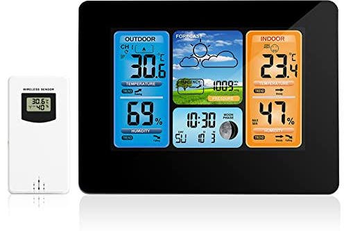 ACAGALA Indoor Outdoor Thermometer Wireless, Weather Station with Atomic Clock,USB197FT（60M） High Precision Temperature Humidity Meter, HD Color Display Weather Thermometer with Barometer