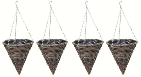 Wicker Basket Planters – Natural Rattan Willow Hanging Flower Pots with Polythene Liner & Metal Chain – Large Decorative Cone Shaped Hanging Planters for Indoor & Outdoor (Cone 30cm, 12Inch x 4Pack)
