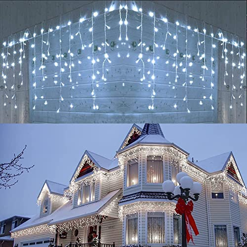 Joomer Cool White Icicle Lights Outdoor, 250 LED 9.8M Outdoor Christmas Lights Mains Powered, 8 Modes Hanging Fairy Light Christmas Decorations Timer Connectable for Xmas Outside Gutter House Roof