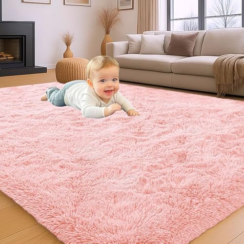 INSPIRE HOMEWARE Rugs Living Room Large 160x230 cm Soft Fluffy Pink Area Rugs for Bedroom Non Shedding Modern High Pile Carpet for Lounge Fluffy Nursery Rug for Kids Room