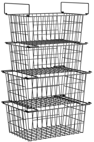 Homics Freezer Organizer Bins, Large Stackable Baskets for Deep Chest Freezer, for Pantry Storage and Organization and Bottom Sort Frozen Meats Food Storage Containers and Easy Get 4pcs