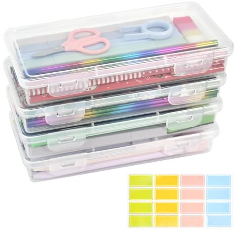 Huucozn 4 PCS Caja Organizadora Lapices, Estuche Rígido Plastico, Cajas de Plastico Apilables para Lápices, Estuche de Lapices de Plástico para Rotuladores Papelería Suministros Escolares, Oficina
