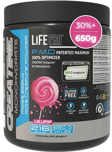Creatina Monohidratada Creapure Life Pro 650g – Sabor Lollipop – Creatina Micronizada Pura, Hasta 216 Tomas – Sin Gluten, Para Fuerza, Energía y Recuperación Muscular – Calidad Alemana Garantizada