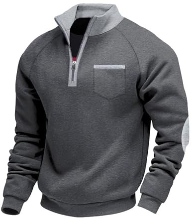 Aulemen Herren Sweatshirt Ohne Kapuze Half Zip Pullover Warm Sweatjacke | Arbeitspullover Herren mit Stehkragen,Flecee Warm,1/4 Reißverschluss,Brusttasche,Zweifarbiges,Ideale für Herbst-Winter Basic