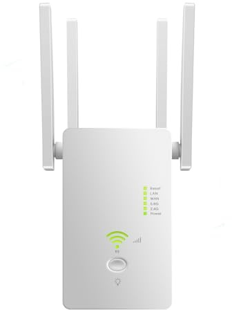 Amplificador WiFi, repetidor WiFi de 1200 Mbit/s doble banda (2,4 GHz + 5 GHz), extensor alcance WiFi enchufe 4 antenas y un alcance hasta 1500m² puerto LAN/WAN, modo punto acceso, fácil configuración