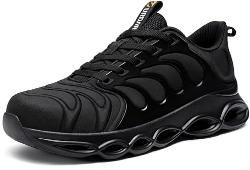 URDAR Safety Trainers Mens Steel Toe Cap Trainers Comfortable Lightweight Work Shoes Safety Shoes Cushioning Fashion Breathable(Black,9 UK)