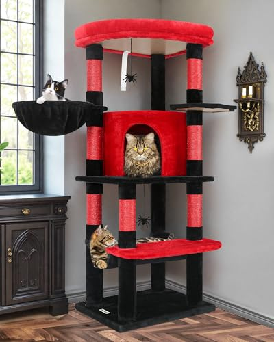 Globlazer Árbol Rascador Gótico Esquina Negro Rojo, Rascador para Gatos Rincón Alto 130 cm con Grandes Plataformas Curvado Nidos Hamaca Cesta, Torre Gato para 3-4 Gatos Adultos (C51, Gótico)