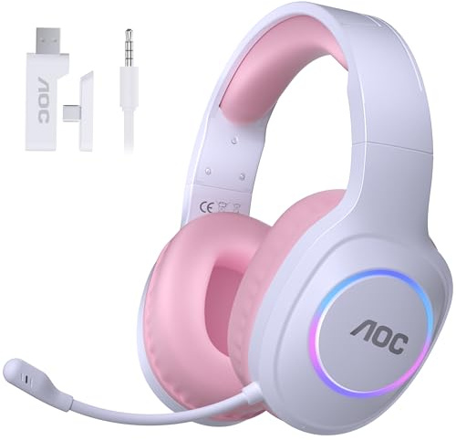 AOC Wireless Gaming Headphones with USB-C for PS5/4, Nintendo Switch, PC, Bluetooth 5.4 & 2.4GHz Gaming Headset with Noise Canceling Mic, RGB, 20ms Latency, 45H, 7.1 Virtual Surround- Pink