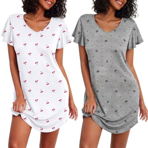 Ekouaer Kortärmad nattlinne dam 2-delad tröja blommig nattlinne enfärgad S-XXL, Grå rosett + körsbär, L