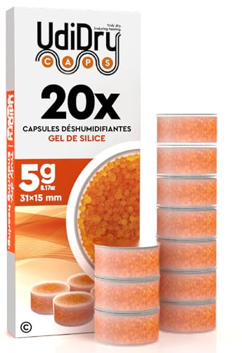 20 Capsule Deumidificanti per Apparecchi Acustici UdiDry Caps 5g 31mm - Capsule Essiccanti con Indicatore di Colore - Gel di Silice di Alta Qualità per Contenitori di Asciugatura