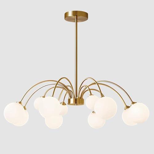 KCO Lighting Sputnik-Kronleuchter Gold mit 12 Weißglas-Kugeln, 72 cm höhenverstellbar, für große Ess- und Wohnzimmer