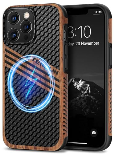 TENDLIN Coque Magnétique Compatible avec iPhone 13 Pro Etui Hybride en Bois et Carbone et Cuir Compatible avec MagSafe (Stripes)