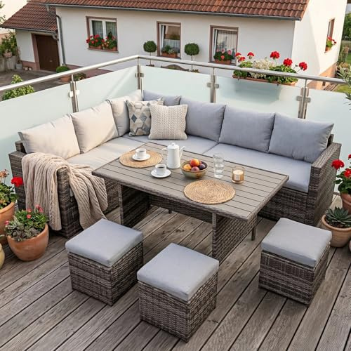 Atenza Polyrattan Lounge Gartenmöbel Set Wetterfeste Sitzgruppe 9-Sitzer | Essgruppe für Terrasse & Balkon mit WPC Esstisch, L-Ecksofa, 3 Hockern & Kissen mit Reißverschluss, Outdoor-Möbel
