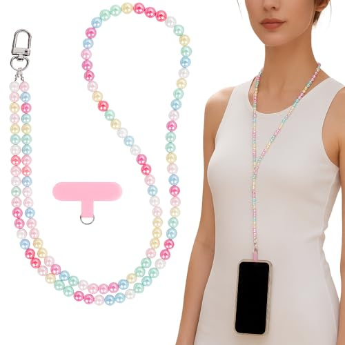 Vylara Handykette mit Bunter Perlenkette, Bunte Pastellfarbene Acrylperlen, Abnehmbare Universal-Handykette zum Umhängen für Alle Smartphones mit Patch (120cm)