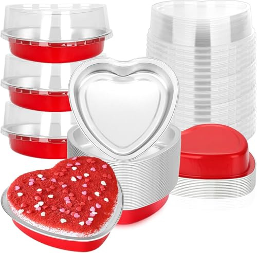 Large Heart Shaped Cake Pans for Baking, 20 Sets 9oz Disposable Aluminum Foil Dessert Containers with Lids, Heart Cupcake Mold Baking Tins for Valentine’s Day Wedding Anniversaries Mother's Day