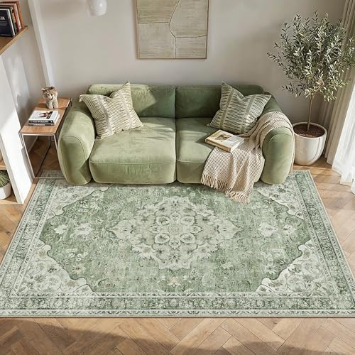PureCozy PureCozyGreenmattor vardagsrum 120 x 170 cm tvättbar vintage blommig halkfri matta låg lugg, fäller inte, traditionell orientalisk tryckt design, barnkammare sovrum matsal