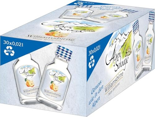 Alpenschnaps Steinbeisser Williamsbirne (30 x 20 ml) – Milder, aromatischer Williamsbirnen Schnaps – Obstschnaps mit Rezeptur aus dem Alpenland – Schnaps für den Genuss nach dem Essen – 35 % Vol.