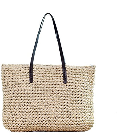 FSSTUD Femme Fille Sac de Plage Cabas Paille Sacs Fourre Tout pour Shopping Voyage Beige