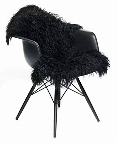 Genuine Tibetan Rug， Mongolian Lamb Sheepskin Pelt Throw Fur Area Rug Carpet Chair Cover with Super Fluffy Thick Decorativeas Throw Rug in Bedroom, Living Room,Black