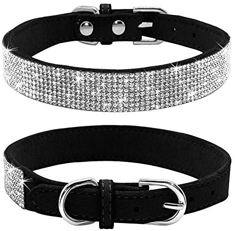 Haoyueer Rhinestone Dog Collar, Cute Dazzling Sparkling Soft Suede Leather Dog Cat Rhinestone Collar Crystal Diamond Pet Dog Puppy Collar(Black,S)
