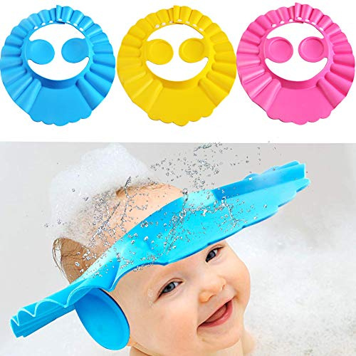 FEBSNOW Baby shower keps badmössa – 3 st mjuk justerbar visir hatt säker schampo dusch badskydd badmössa för småbarn, baby, barn, barn (blå + gul + rosa)