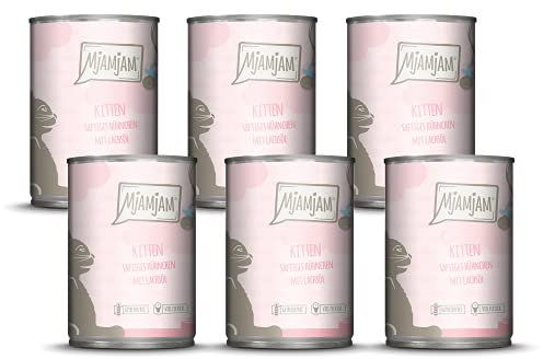 MjAMjAM - Premium Nassfutter für Katzen - Kitten saftiges Hühnchen mit Lachsöl, 6er Pack (6 x 400 g), getreidefrei mit extra viel Fleisch