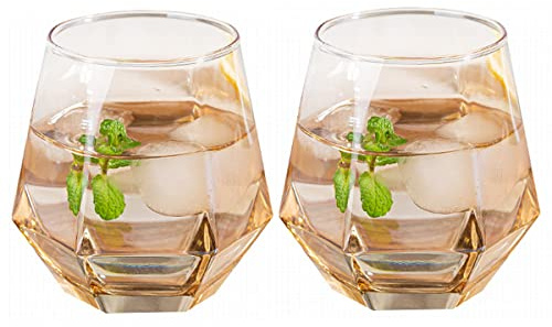 LKMY Crystal Whiskey Glass Gift Set of 2, 300ml Hexagonal Corner Tumbler Glass Set, Barware Bourbon Brandy Wine Beer Cup Tea Cup Glasses (Amber)