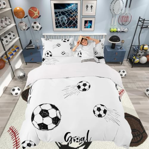 Loussiesd Boys Football Duvet Cover Sports Theme Comforter Cover Kids Soccer Ball Pattern Bedding Set For Children Men Black White Bedspread Cover Ultra Soft Room Decor King Size Bedclothes Zipper