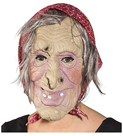 O40601-02 beige-rot Damen Herren Überziehmaske Hexe mit Kopftuch Hexenmaske