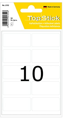 TopStick 1352 hushållsetiketter, set med 10 (19 x 40 mm, 50 ark, papper, matt) självhäftande, permanenta multifunktionsetiketter för handskriven märkning, 500 klistermärken, vit