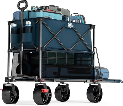 TIMBER RIDGE 400L Large Capacity Folding Double Decker Wagon with Brakes, 54 Extra Long Extender Wagon Cart, 450lbs Heavy Duty Collapsible Cart, All-Terrain Big Wheels for Camping, Sports, Shopping