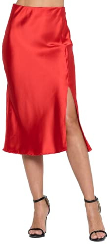 Women Solid High Waist Satin Midi Slit Skirt - Made in USA (Small, Red)