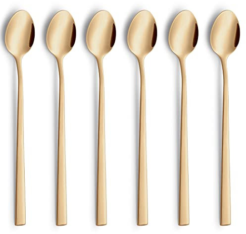 Beckmann & Rommerskirchen VISTA Longdrinklöffel/Latte Macchiato Löffel Set 6-teilig | PVD Gold | Edelstahl Matt | Lange Löffel für Latte Macchiato| Kaffeelöffel lang | Barlöffel