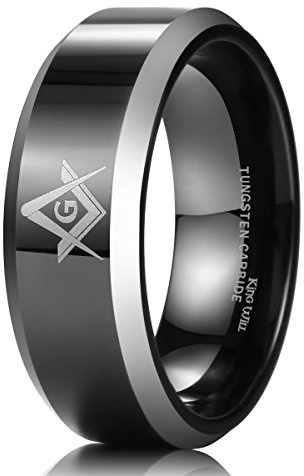 King Will CLASSIC 8mm Black Men's Tungsten Carbide Ring Polished Masonic Compass Square Free Mason