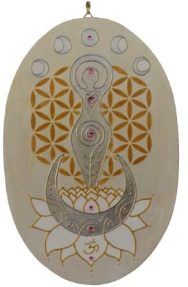 Mondgöttin Wand Deko in Perlmutt-Beige mit edlem Blattsilber, Göttin in Lotus mit Mond Zyklus auf Lebensblume Wandbild, Spirituelle Dekoration, INaCHI Glückabringer Design-Serie