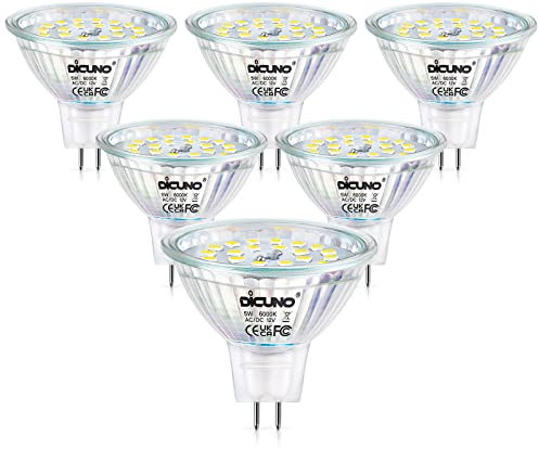 DiCUNO MR16 LED Light Bulbs, GU5.3 Spotlight Bulb Dimmable, 12V DC 5W Equivalent to 50W Halogen, Cool White 6000K, 500LM, 120° Beam Angle Bi-Pin Base Track Light, 6 Packs