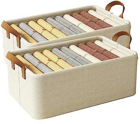 Faltbar mit Griff Box 2-Pack 18L Aufbewahrungskorb für Regale Haushalt Schublade Stil Stoff Box für Kleidung Bettwäsche Pullover T-Shirts Decken (47 X 28 X 19 CM, Beige)