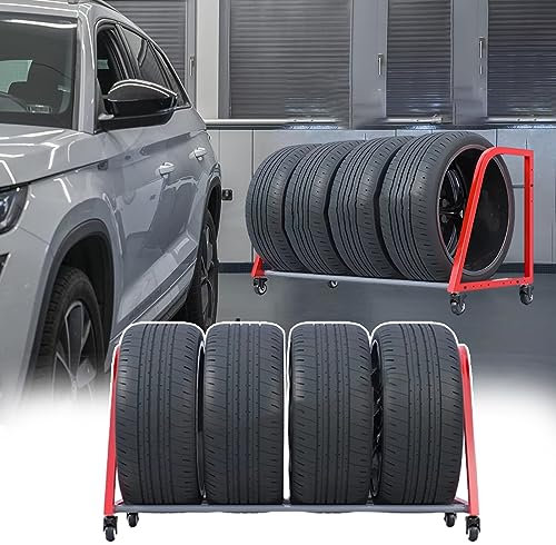 NUNETH Reifenregal Boden-Mehrfachreifenregal für Garage/Werkstatt, 127 Cm/50 Zoll Verstellbares Reifenregal aus Metall mit Beschlägen, Verschiebbarer Roter Reifenständer, Ersatzreifen-Organizer