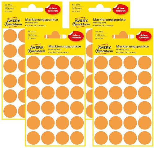 AVERY Zweckform 3173 selbstklebende Markierungspunkte (Ø 18 mm, 96 Klebepunkte auf 4 Bogen, runde Aufkleber für Kalender, Planer und zum Basteln, Papier, matt) neonorange, 5 Stück (Packung mit 4)